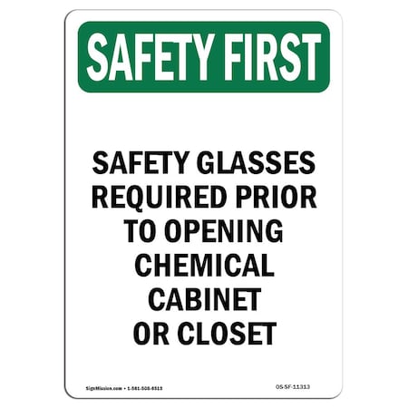 OSHA SAFETY FIRST Sign, Safety Glasses Required Prior, 18in X 12in Decal